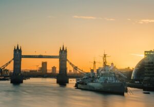 Tower Bridge over the river during sunset.